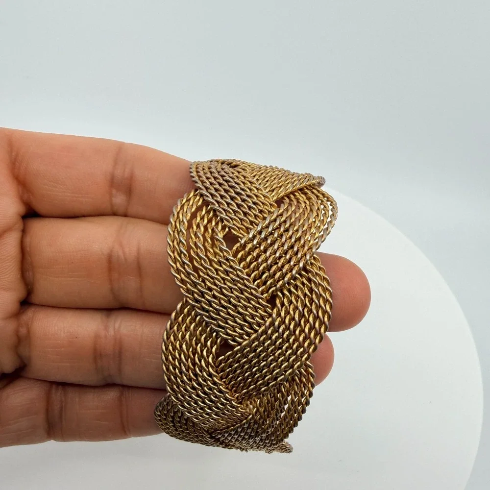Vintage Gold Tone Braided Mesh Cuff‎ Bracelet Woven Knot Chunky Statement Boho